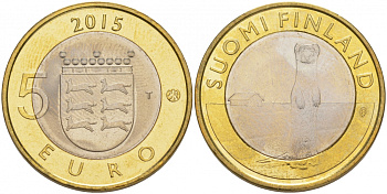 Финляндия 5 евро 2015 животный мир регионов Финляндии, горностай в Остроботнии KM 242 биметалл UNC M27-21