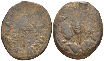 Иудея, династия Ирода прута 41/42 год Агриппа I, греческая легенда 'царь Агриппа', зонт / три хлебных колоса, дата (6-й год правления), Иерусалим Hendin 1244 медь 1073-21-33