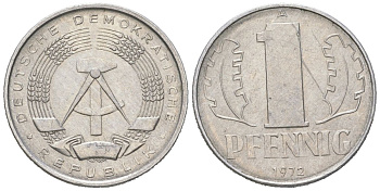 ГДР 1 пфенниг 1972 A, редкий год KM 8.1 алюминий 201-259
