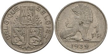 Бельгия 1 франк 1939 Belgique - Belgie KM 119 никель 4603-1231