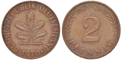ФРГ 2 пфеннига 1970 J KM 106a, J.381a сталь плакированная медью 4174-458