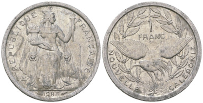 Французская Новая Каледония 1 франк 1988 птица кагу, (IEOM) KM 10, Schoen 10, Lec 48 алюминий 51-5336