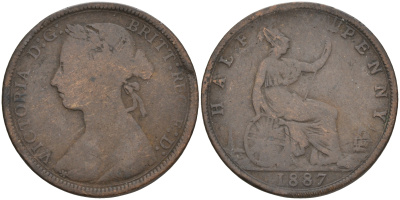 Великобритания 1/2 пенни 1887 Виктория (1837-1901) KM 754, Spink 3956 бронза 4561-517