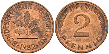 ФРГ 2 пфеннига 1982 F J.381a, KM 106a сталь плакированная медью    4598-862