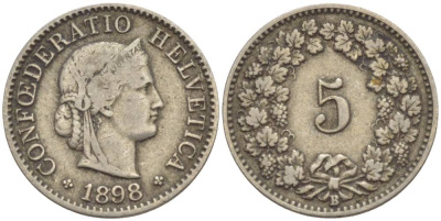ШВЕЙЦАРИЯ 5 РАППЕНОВ 1898 В KM 26 медно-никель 4532-912