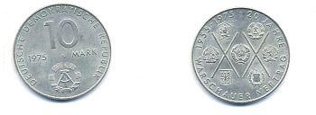 ГДР 10 марок 1975 А, 20 лет Варшавскому договору KM 58, J. 1557 медно-никель UNC 3333-115