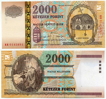 Венгрия 2000 форинтов 2000 миллениум, в официальном холдере, серия ММ Pick 186a бумага UNC (пресс) 451-201-1