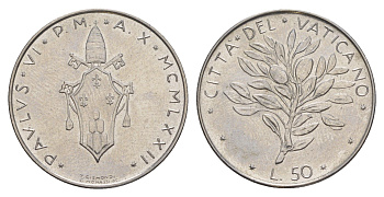 Ватикан 50 лир 1972 MCMLXXII, Павел VI KM 121 нержавеющая сталь UNC 4648-125