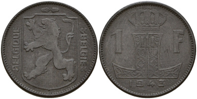 Бельгия 1 франк 1943 Belgique-Belgie KM 127 цинк    4187-145