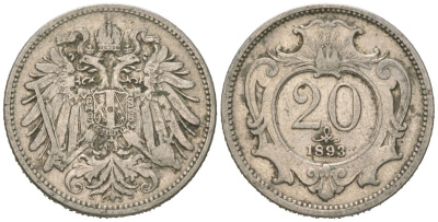 Австрия 20 геллеров 1893 Франц Иосиф (1848-1916) KM 2803 никель 4615-669