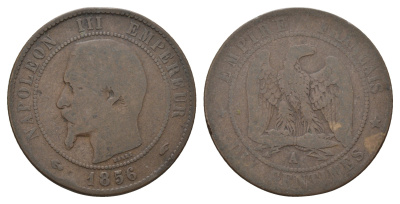 Франция 10 сантимов 1856 A, Наполеон III (1852-1870) KM 771.1, Le Franc 133.32 бронза 4683-242
