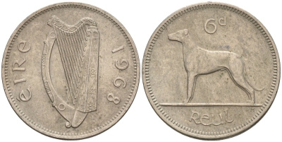 Ирландия 6 пенсов 1968 ирландский волкодав KM 13a медно-никель 4146-457