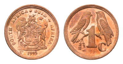 ЮАР 1 цент 1995 герб, капские воробьи KM 132 сталь плакированная медью UNC 4694-164