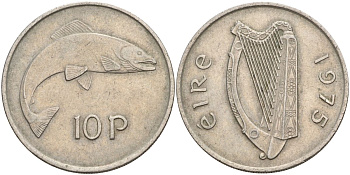 Ирландия 10 пенсов 1975 лосось KM 23 медно-никель 4150-942