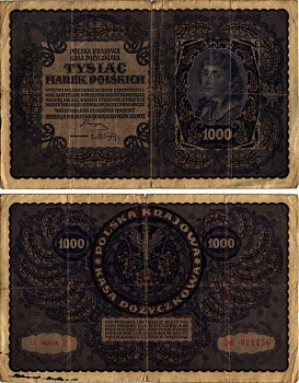 ПОЛЬША 1000 МАРОК 1919 23 АВГУСТА 1919, ТРЕТИЙ ВЫПУСК, ПОРТРЕТ КОСТЮШКО Pick 29 бумага VG 8607-13-1