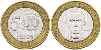 Доминиканская республика 5 песо 1997 50 лет центральному банку KM 88 биметалл 4541-1054