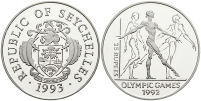 Сейшельские острова 25 рупий 1993 XXV летние олимпийские игры 1992 года в Барселоне, гиманстика, тираж 40000 экз. KM 70 серебро PROOF 1095-10-43