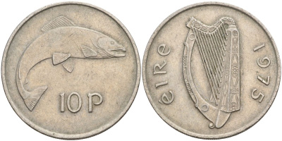 Ирландия 10 пенсов 1975 лосось KM 23 медно-никель 4150-942