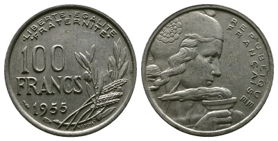ФРАНЦИЯ 100 ФРАНКОВ 1955 KM 919.1 медно-никель 261-913