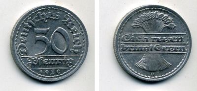 ГЕРМАНИЯ 50 ПФЕННИГОВ 1920 D KM 27, J. 301 алюминий 57-111