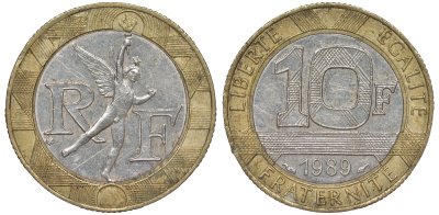 Франция 10 франков 1989 тип гений Бастилии KM 964.1, Le Franc 375.3 биметалл 45-541