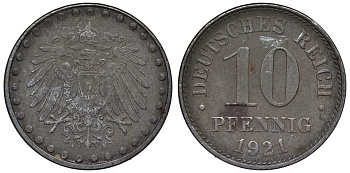 Германия 10 пфеннигов 1921 A KM 20, J. 298 железо 4119-215