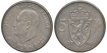 Норвегия 5 крон 1966 Улаф V (1958-1991) KM 420 медно-никель 4123-823