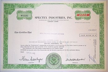 США, Spectex Industries Inc. 100 акций 1972 бумага 8805-57-1