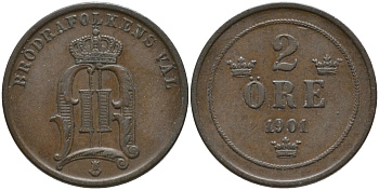 Швеция 2 эре 1901 Оскар II (1872-1907) король Швеции и Норвегии KM 746 бронза 55-736