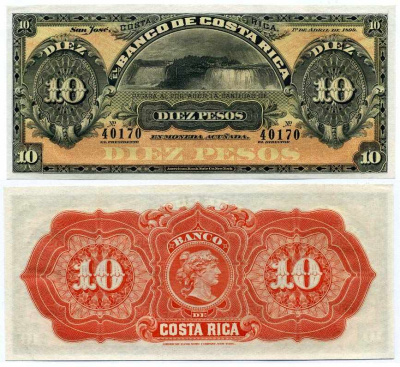 Коста-Рика 10 песо 1899 Banco de Costa Rica, Ниагарский водопад Pick S164r  бумага  UNC (пресс) 00-00