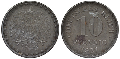 Германия 10 пфеннигов 1921 A KM 20, J. 298 железо 4119-215