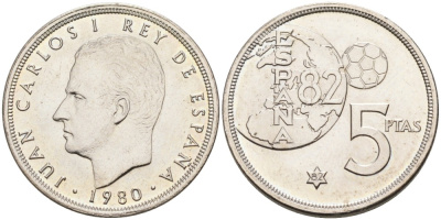 Испания 5 песет 1980 (82) чемпионат мира по футболу в Испании 1982 года, Хуан Карлос I KM 817 медно-никель аUNC 4681-417