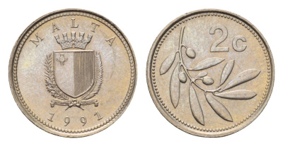 Мальта 2 цента 1991 оливковая ветвь KM 94 медно-никель UNC 4689-1145