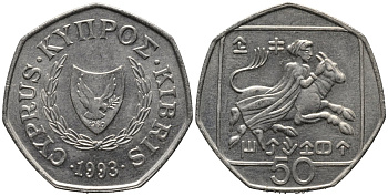 Кипр 50 центов 1993 похищение европы KM 66 медно-никель 4577-542