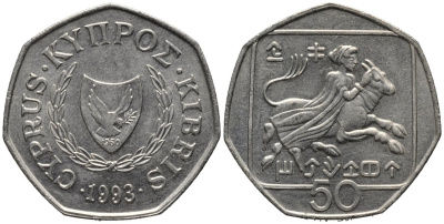 Кипр 50 центов 1993 похищение европы KM 66 медно-никель 4577-542