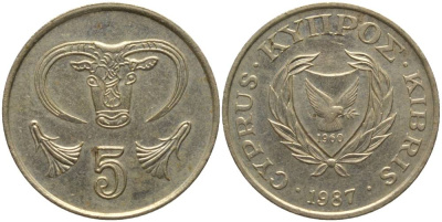 КИПР 5 ЦЕНТОВ 1987 ГОЛОВА БЫКА KM 55.2 никель латунь 181-512