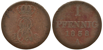 Ганновер 1 пфенниг 1838 A, Эрнст Август (1837-1851) KM 173.1, AKS 126, J. 54 медь 75-553