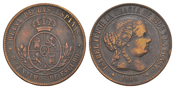 Испания 5 сентимо 1868 4-х конечная звезда - Хубия, Изабелла II KM 635 медь 1522-1121