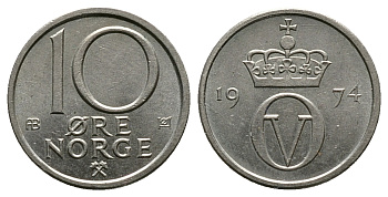Норвегия 10 эре 1974 Улаф V (1958-1991) KM 416 медно-никель 89-1513