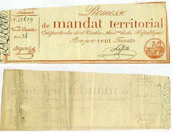 ФРАНЦИЯ 100 ФРАНКОВ 1796 13 МАРТА 1796, 28 VENTOSE AN IV, СЕРИЯ 24, PROMESSES DE MANDATS TERRITORIAUX Pick А84b бумага 6262-3-2