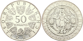 Австрия 50 шиллингов 1970 300 лет образования Университета Инсбрука KM 2908 серебро UNC 04-322-44