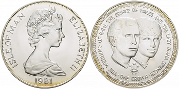 Остров Мэн 1 крона 1981 Королевская свадьба принца Чарльза и леди Дианы, портреты KM 82a серебро UNC 01-143-45