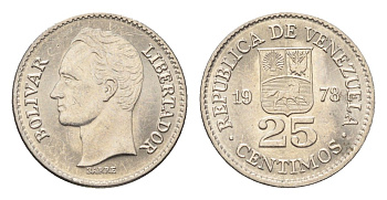 Венесуэла 25 сентимо 1978 Симон Боливар Y 50 никель UNC 4664-411