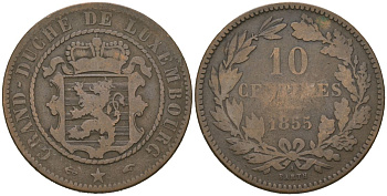 Люксембург 10 сантимов 1855 A, Виллем III (1849-1890) KM 23 бронза 94-224