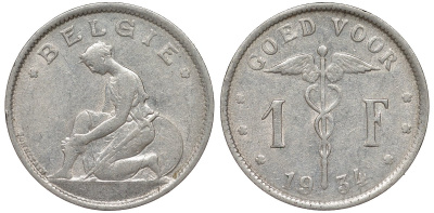 Бельгия 1 франк 1934 Belgie KM 90 никель 51-1846