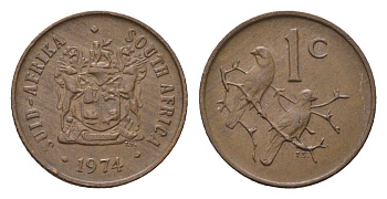 ЮАР 1 цент 1974 герб, капские воробьи KM 82 бронза 4690-1216