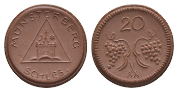 Мюнстерберг 20 пфеннигов ND (1921) Men05 18133.6, Men18 22686.6, Scheuch 197a фарфор 1094-9-71