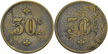 ФРАНЦИЯ 30 САНТИМОВ ND ПЛАТЕЖНЫЙ ЖЕТОН НАЧАЛА XX ВЕКА, ЦИФРЫ НОМИНАЛА 7 ММ., ДИАМЕТР 24 ММ. латунь 65-351