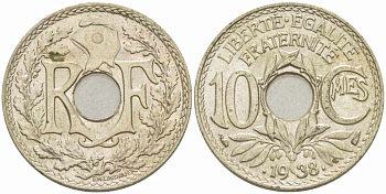 ФРАНЦИЯ 10 САНТИМОВ 1938 ТИП ЛИНДАЙЁ .1938. KM 889.1, LE FRANC 139.3 никель бронза 108-237