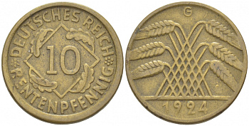 ГЕРМАНИЯ 10 РЕНТЕНПФЕННИГОВ 1924 G KM 33, J. 309, Weege 8 алюминиевая бронза 4539-1017